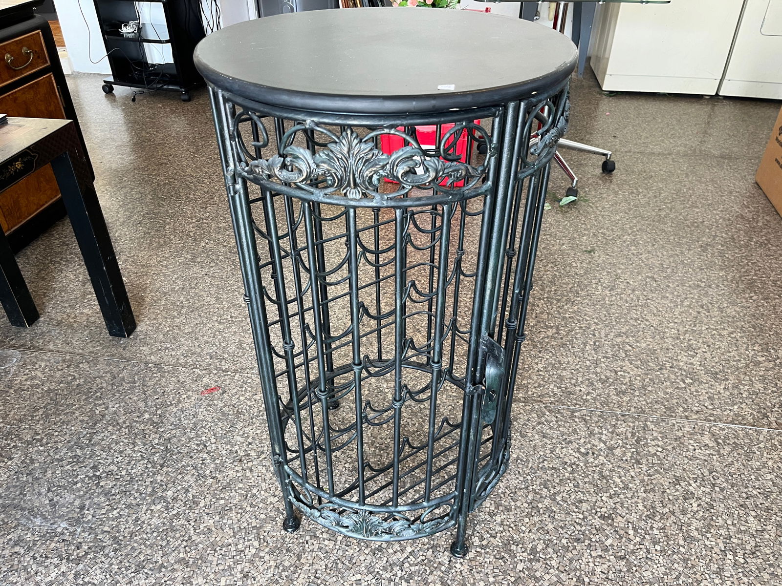 Blk.Wrought Iron Cylindrical Wine Rack/Table: Black Wrought Iron Cylindrical Wine Rack Table.