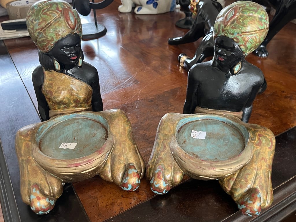 Nubian Blackamoor Pair Bookends: Mid Century Pair Nubian Blackamoor Chalkware Bookends