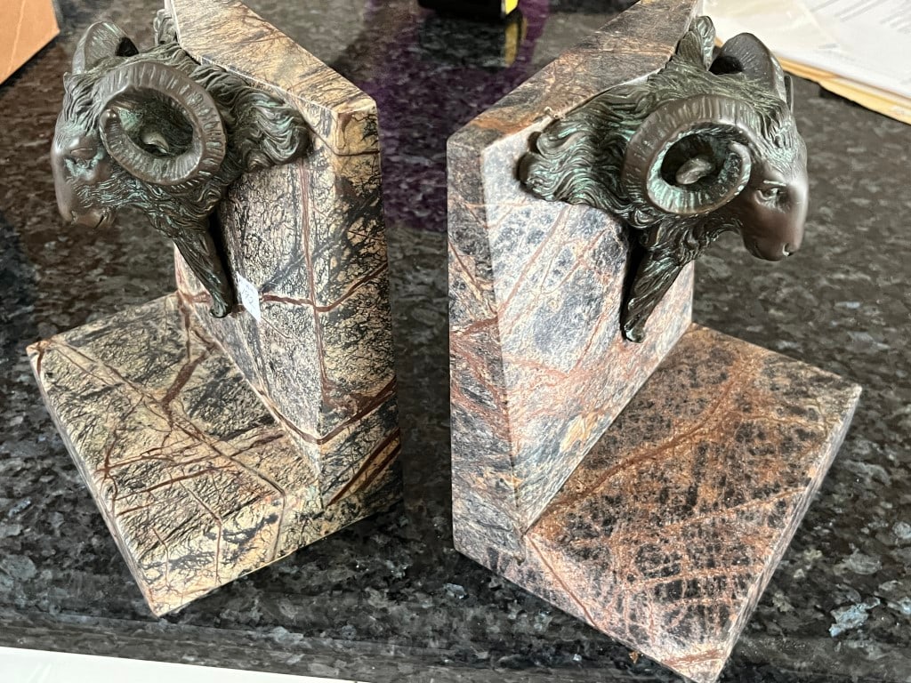 Ram Head Marble Bookends: Pair Ram on Marble Bookends, 8h x 6.5w x 5d
