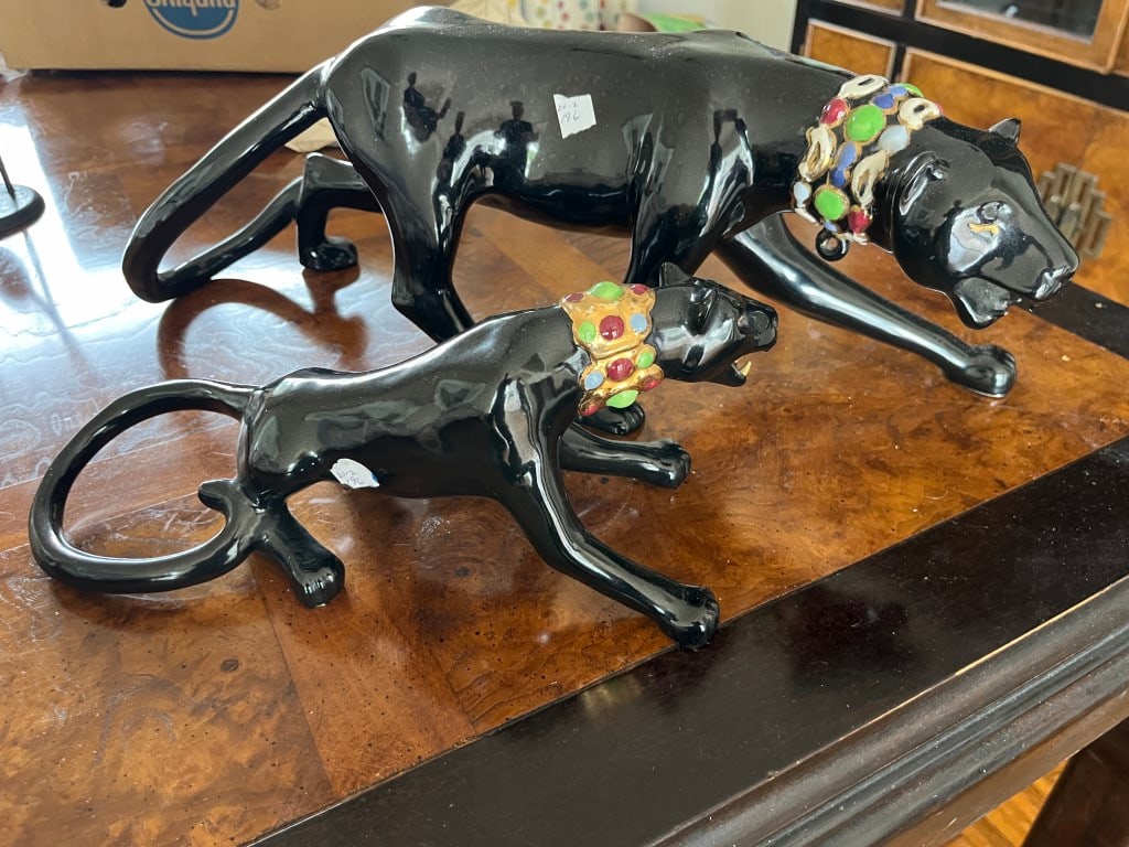 Mid Century 2-Black Panthers 1950's: Mid Century 2-Ceramic Black Panthers (Lg.Panther is 7"h x 21"w x 7"d