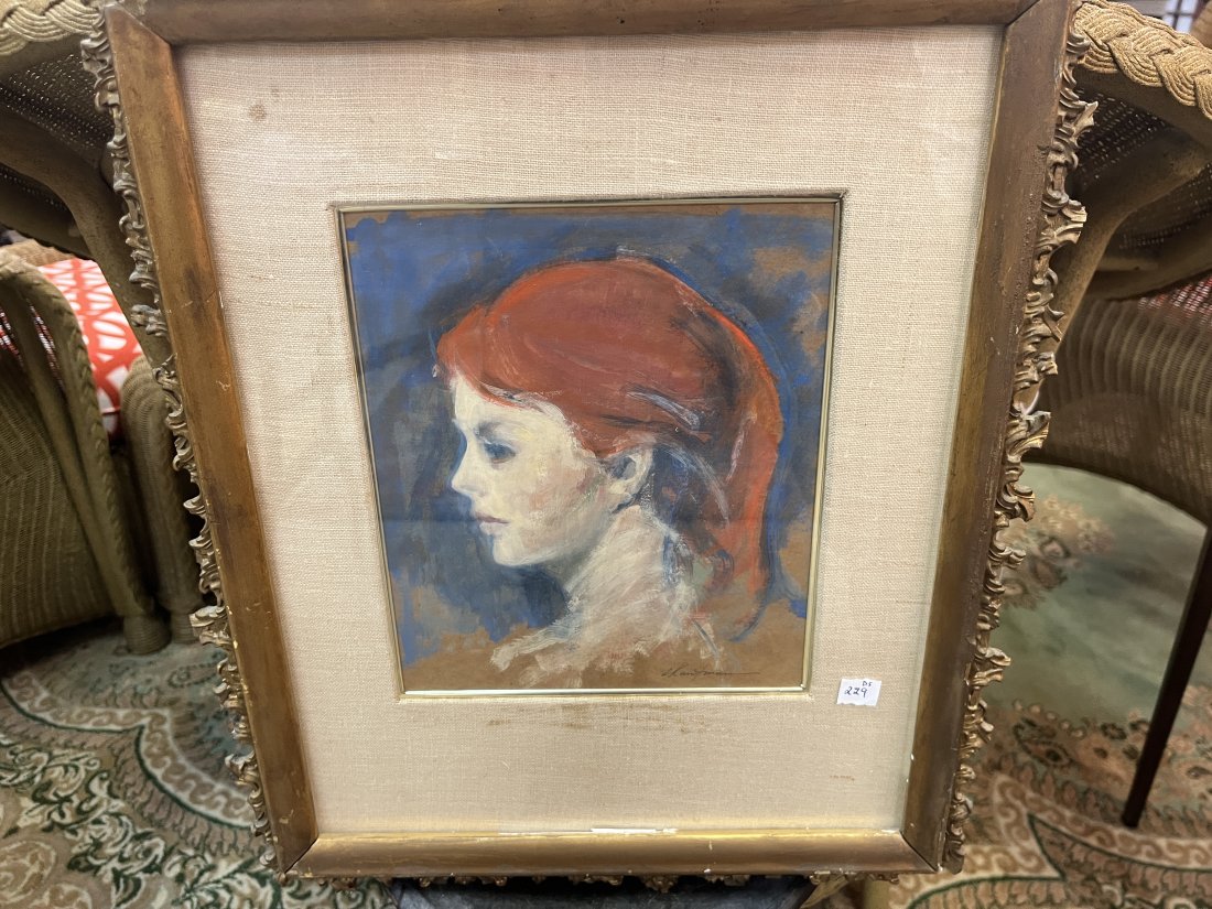 Water Color 'Red Head Lady' by S Kaufman: Water Color 'Red Head Lady' 8.5x7 signed LR Stuart Kaufman (1926-208), Gold Frame 16x13