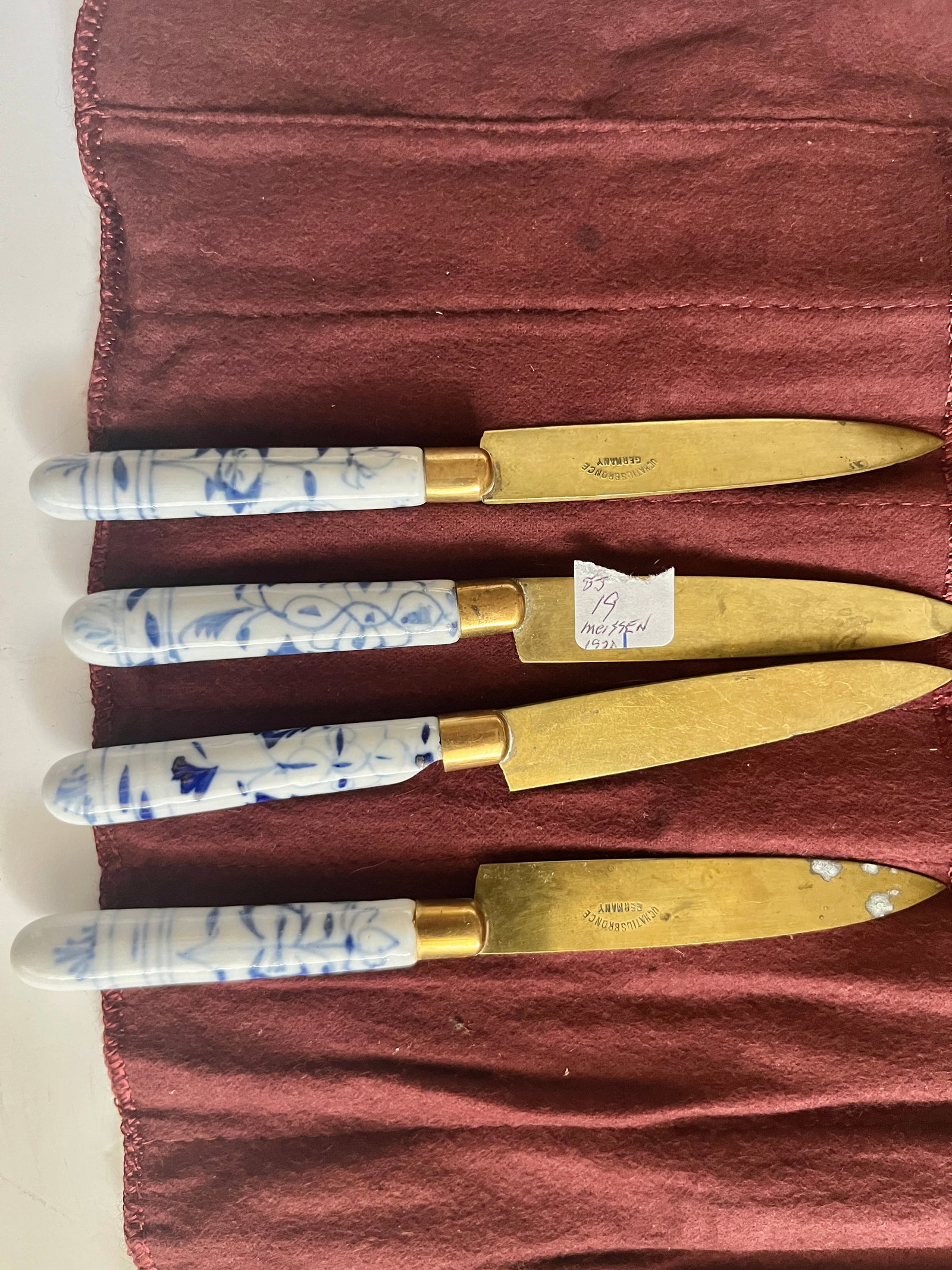 Meissen Porcelain Fruit Knives: 4-Meissen Porcelain Fruit Knives, Uchatius Bronze German Fruit Knives c.1920's