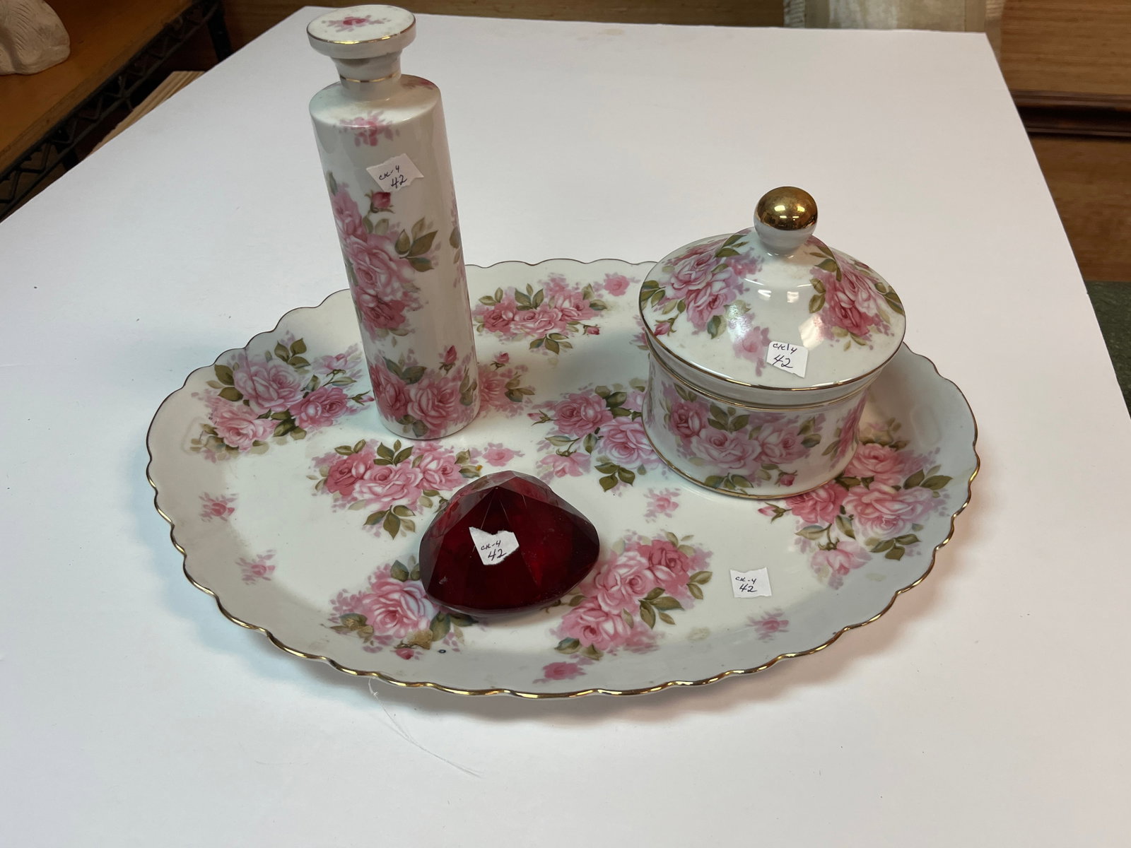 Dresser Tray/Powder Bx/Cologne Bottle: American Cut Crystal Dresser Tray 12x16, Powder Box Cologne Bottle (chip on lip) & Red Paper Wt.