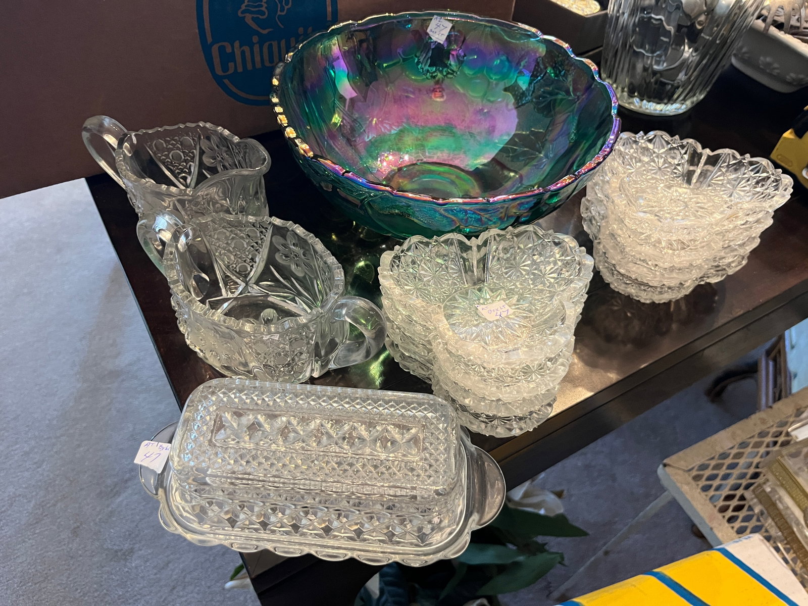Box Lot (Carnival Glass Bowl/candy dishes/cream-sugar): Box Lot (carnival glass bowl-glass candy dishes-cream/sugar