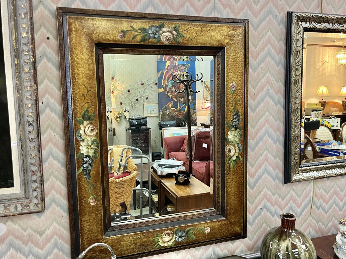 Beveled Mirror in Gold/Blk. Frame w/Hand Painted Flowers (1 of 2)