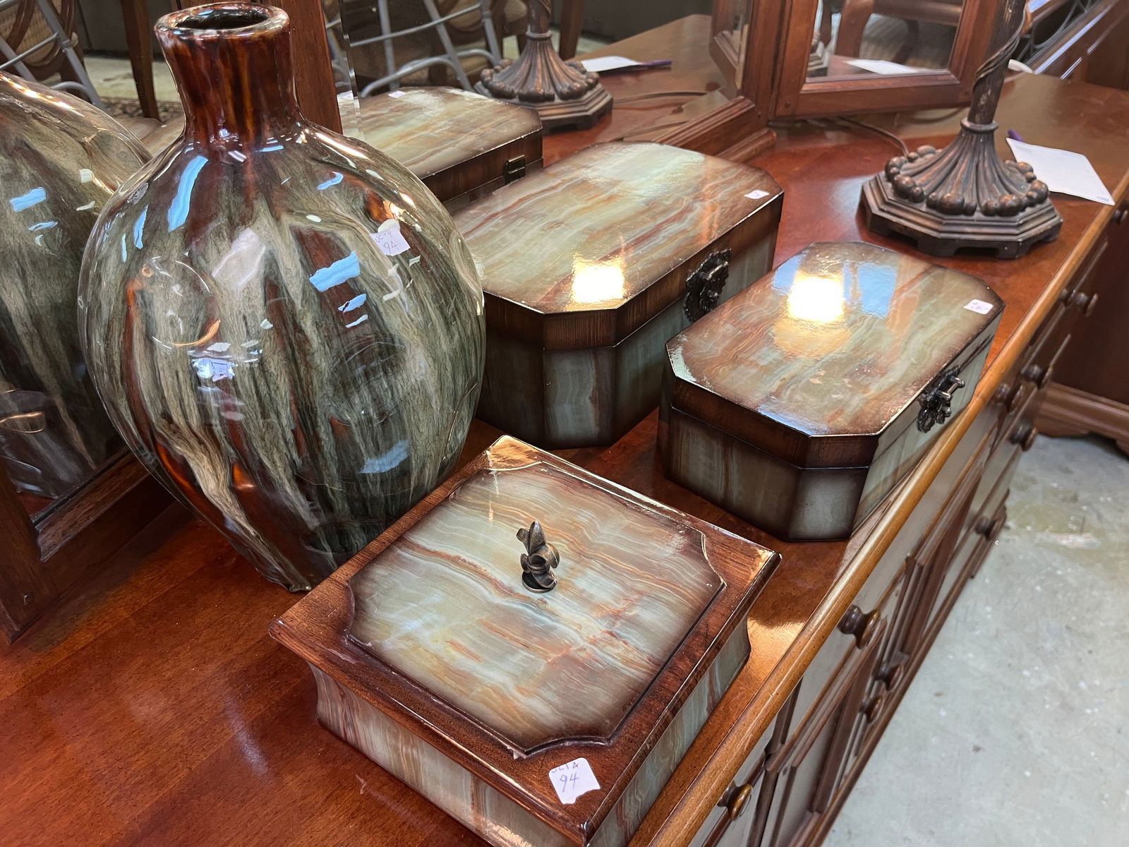 3-Decorative Boxes & Bulbous Vase: 3-Decorative Boxes plus matching Bulbous 13"h Vase