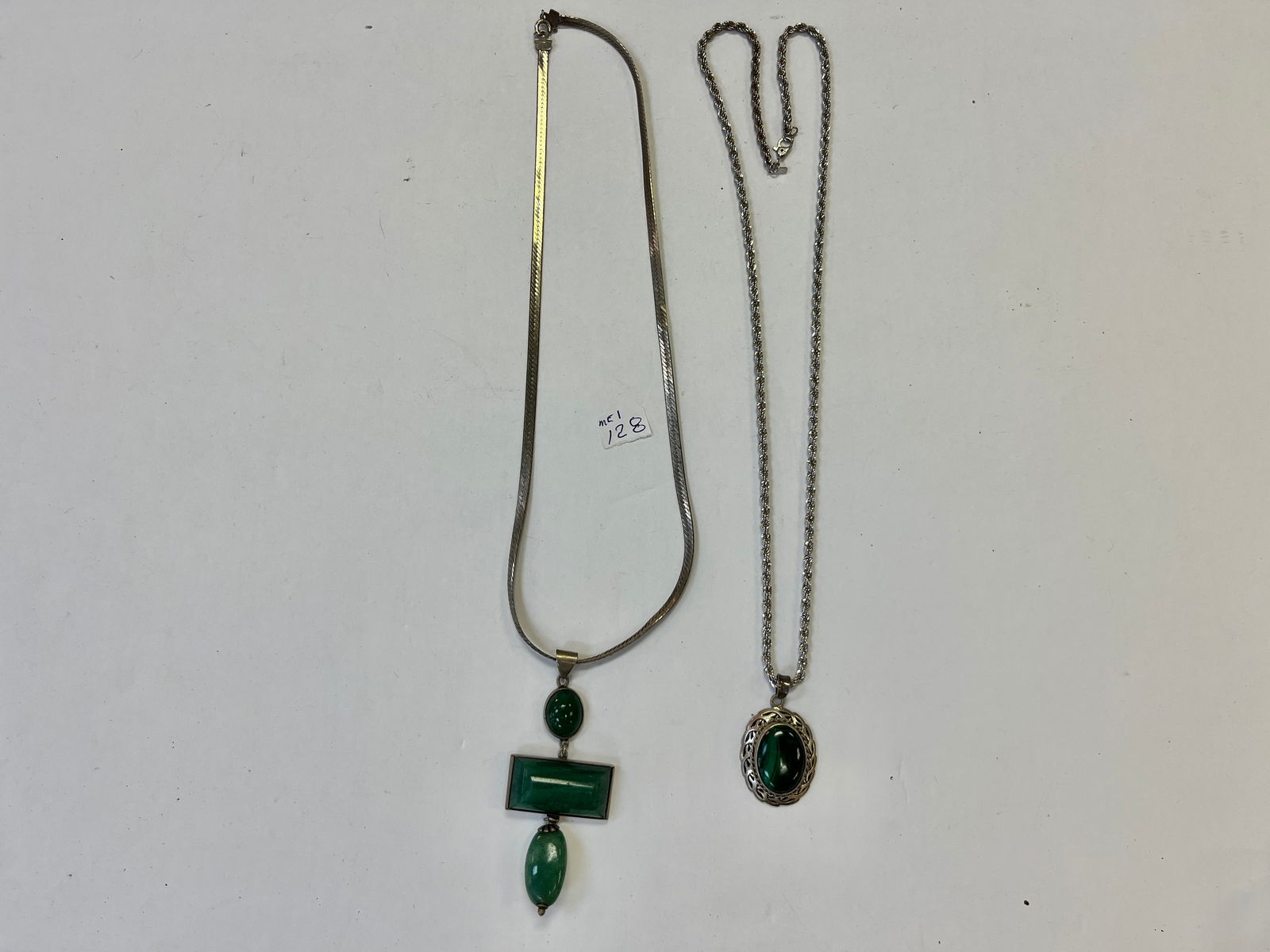 Bag, Sterling Neck./Jade Pend. & Monet Neck./Malachite Pend.: Sterling Necklace w/Jade Pendant & Monet Necklace w/Malachite Pendant