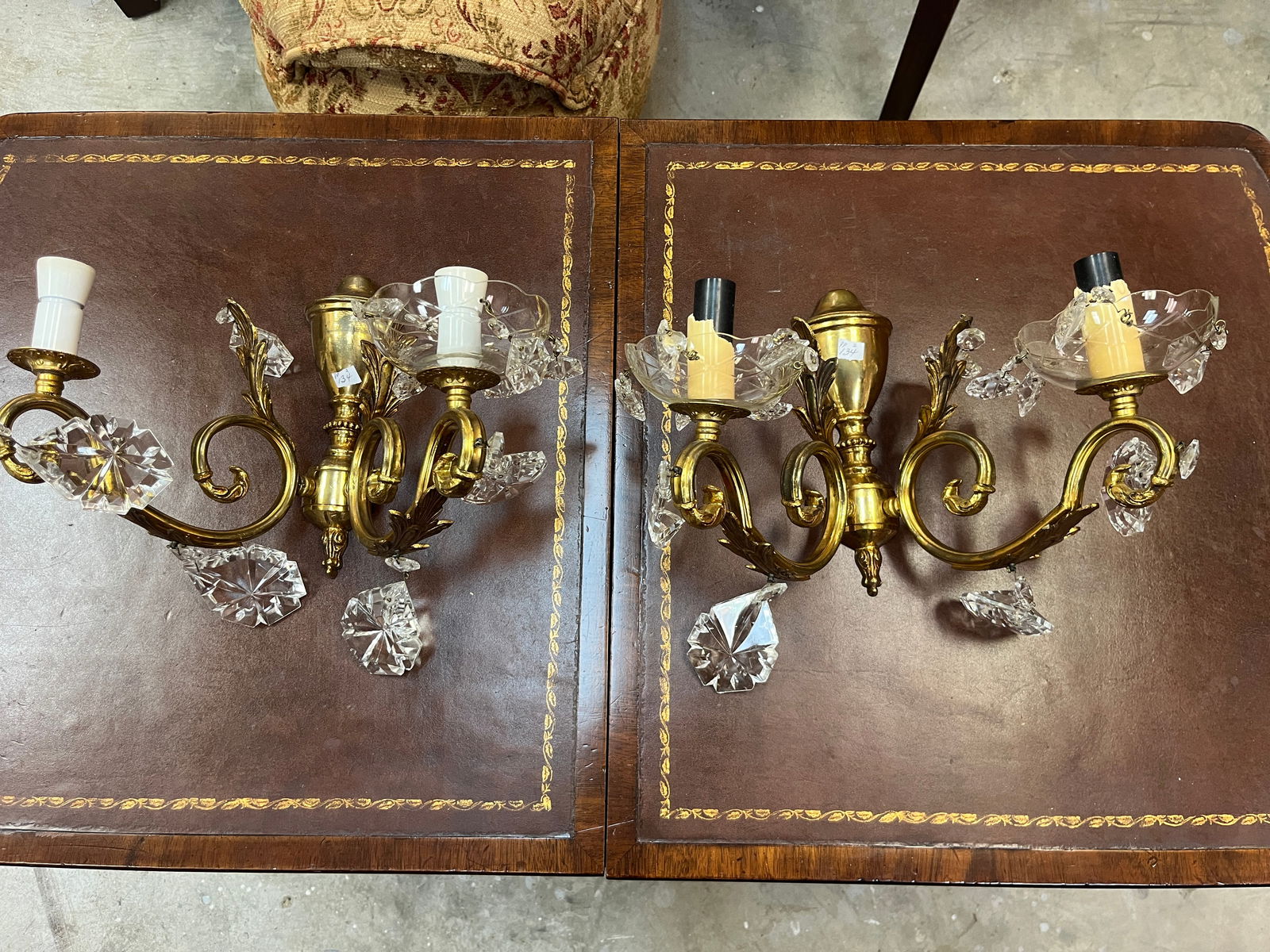 Pair Brass/Crystal Light Sconces (1 of 5)