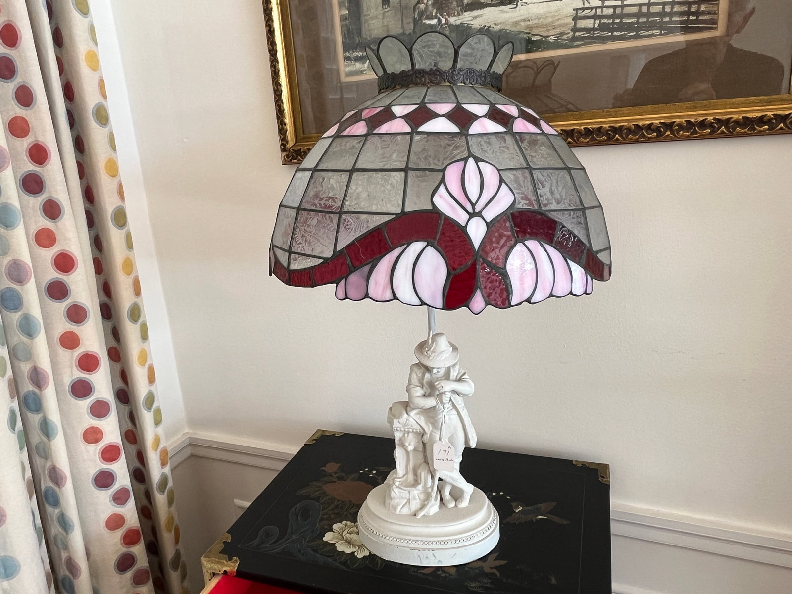 Leaded Glass Shade Figural Lamp: Leaded Glass Shade White Painted Figural Lamp, 25"h