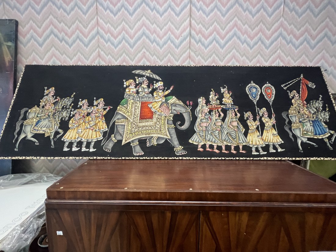 Painting on Cloth, Mughal Style, A Rajput Procession, 21x69: Painting on Cloth, Mughal Style, A Rajput Procession, 21x69