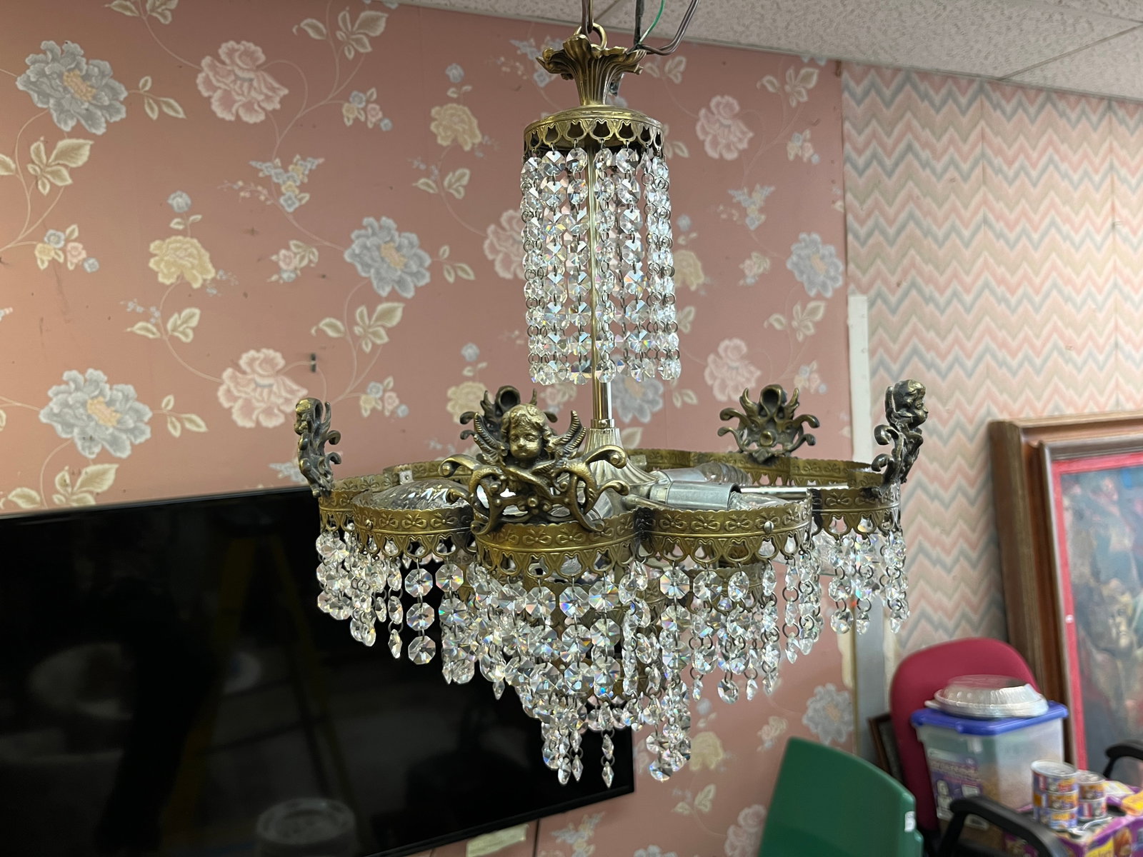 Crystal-Angel Chandelier: Crystal-Angel Chandelier from Italy, 16x14..CHECK OUT LOT# 45,MATCHING WALL MOUNT LIGHT SCONCES