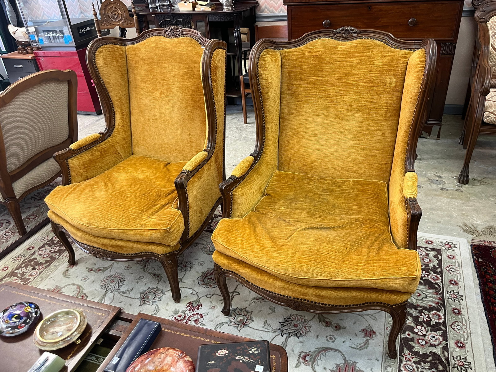 Pair Gold Bergere Arm Chairs: Vintage Pair of Gold Bergere Arm Chairs