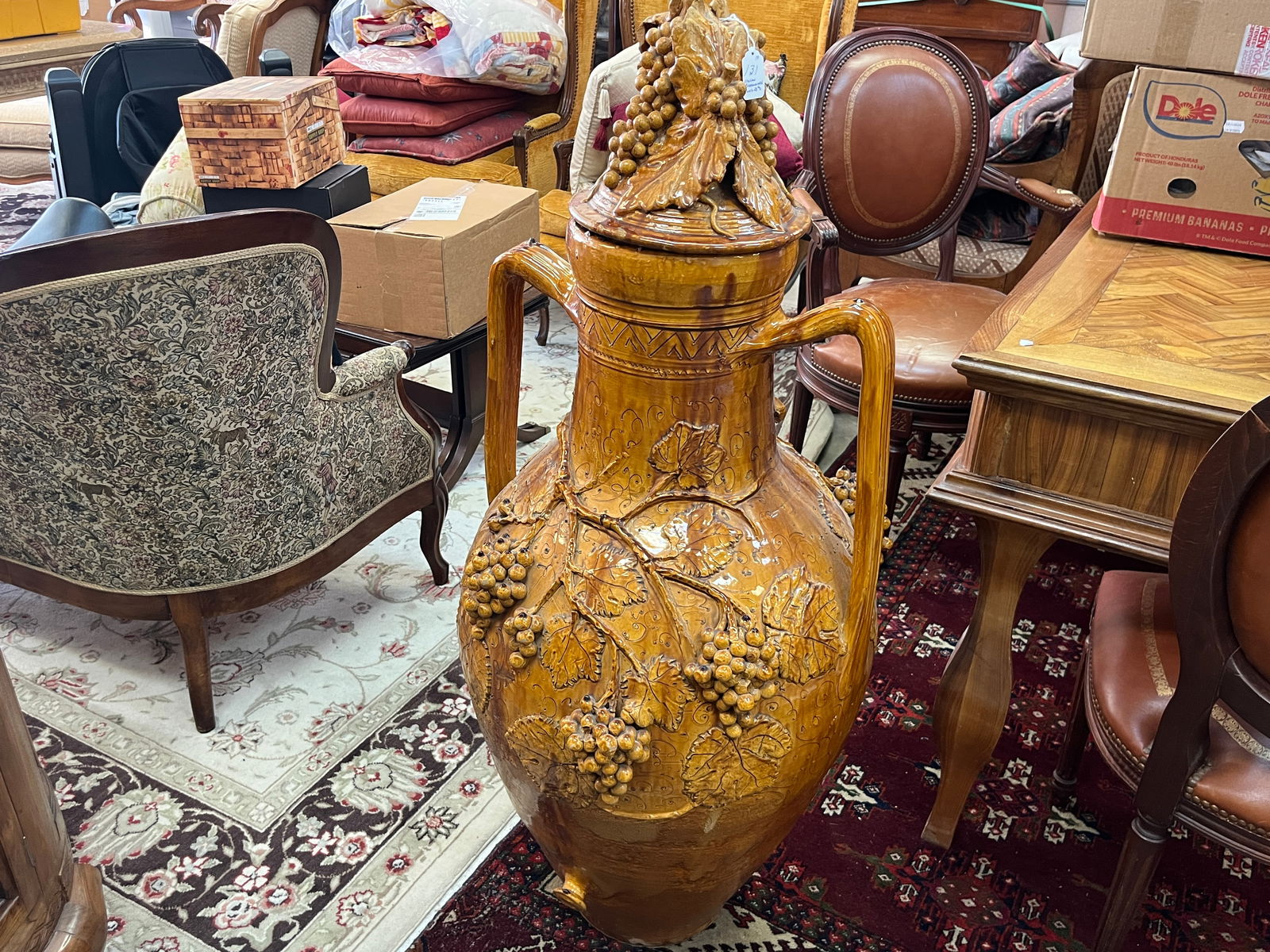 Earthenware: Early 19th c. Italian Glazed Earthenware with Handles & Embossed Decorations with Bunches of Grapes, 47"h x 19"w