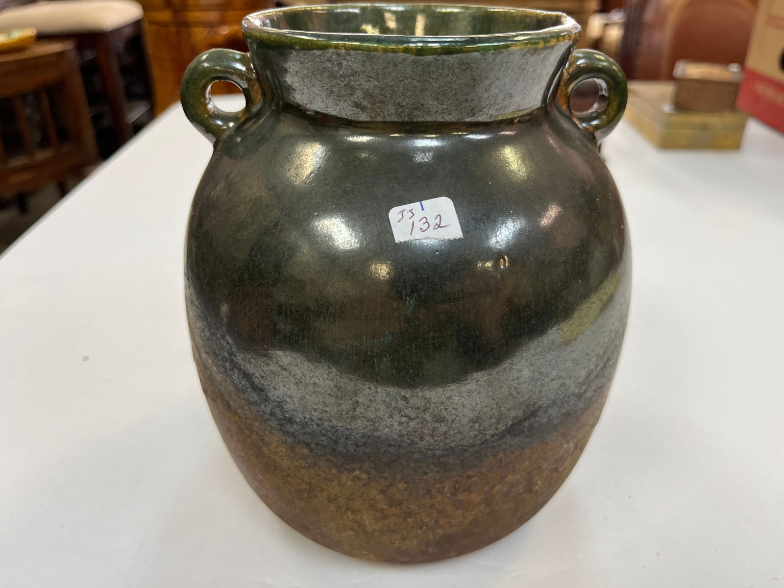 Tony Evans Gr. Terra Cotta Jar: Vintage Tony Evans Mediterranean Green Glazed Terra Cotta Jar, 7.5h x 7dia.