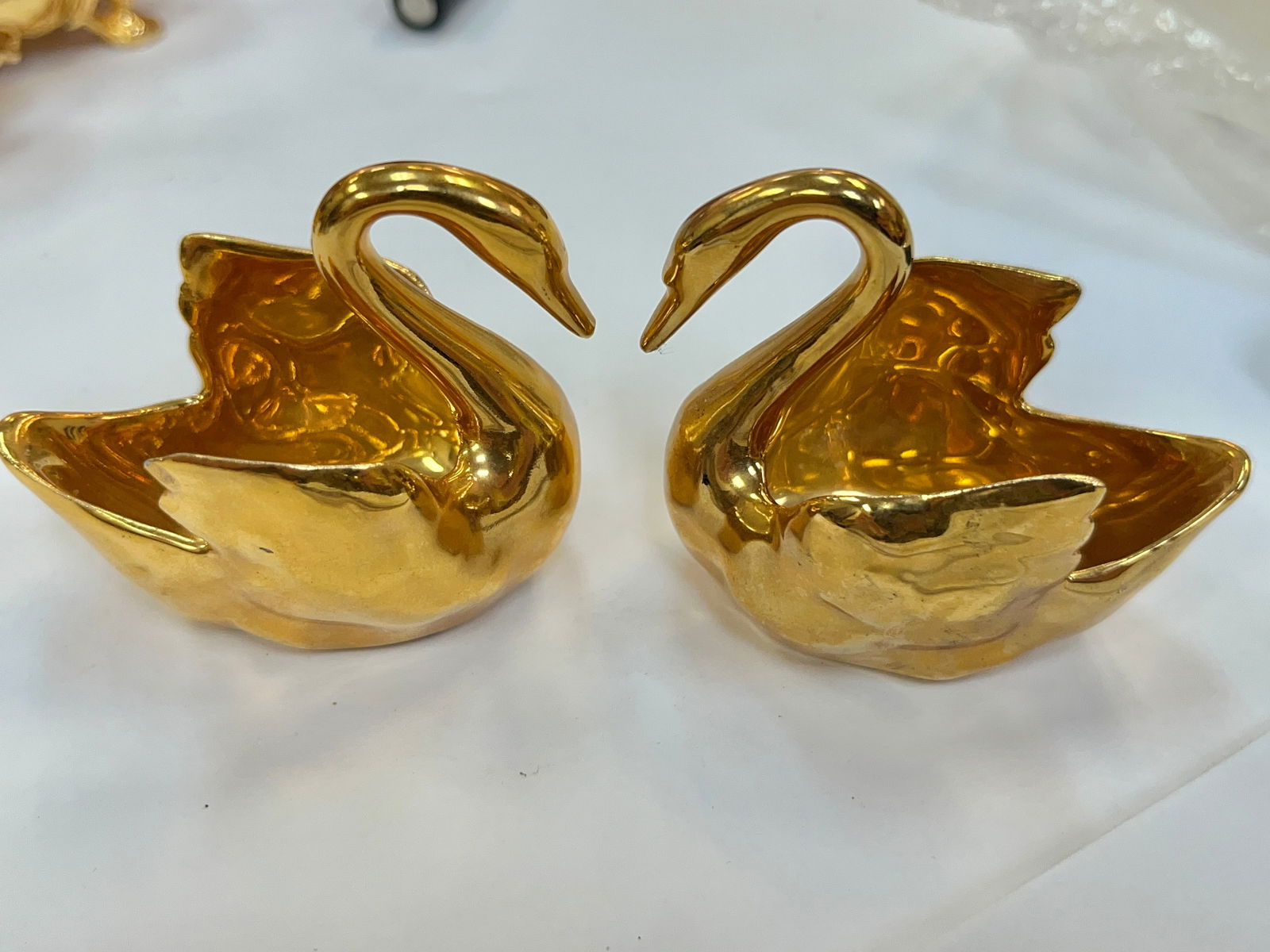 2-Limoges 22kt Plate Swans: 2-Limoges-France Swan 22kt Plated Salt Cellars, 2:h