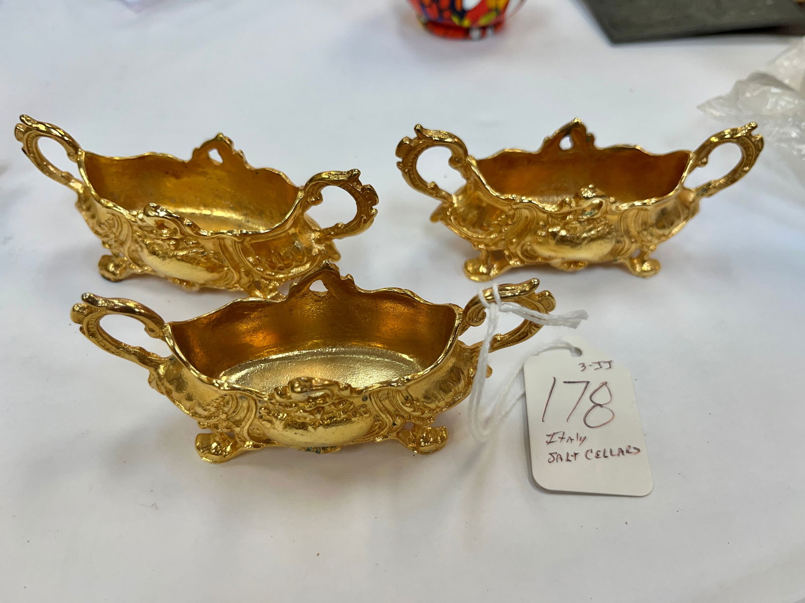 3-Italian Salt Cellars: 3-Gold Salt Cellars-Italy, 1.2"h x 4"w