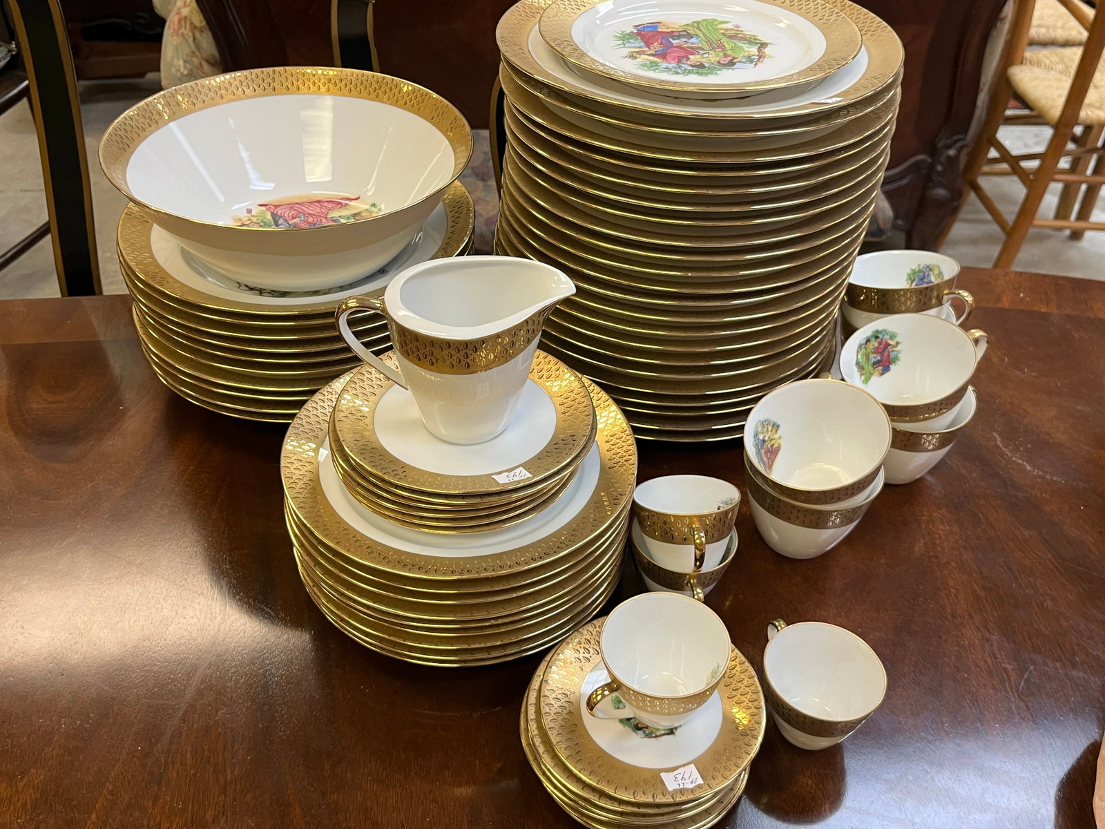 Bavarian Gold Rim China: Bavarian Gold Rim China Depicting an /Asian Scene c.1940's, 66pcs.