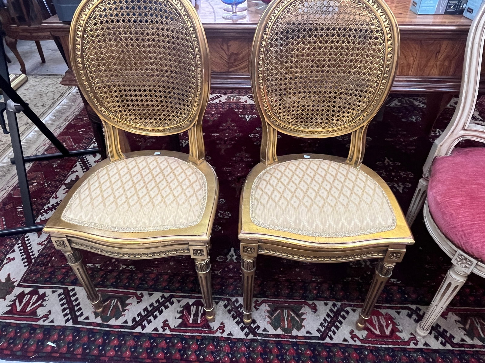 Pair Gilt Louis XVI Cane Back Chairs: Pair Gilt Louis XVI Cane Back Chairs
