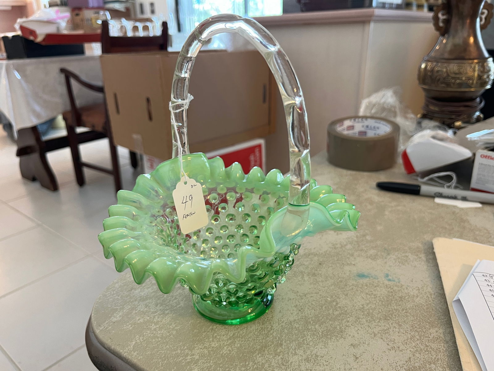 Fenton Opalescent Green Hobnail Basket (1 of 3)