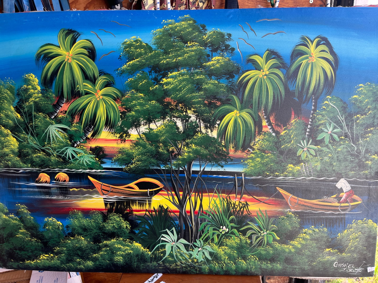 Unframed Haitian Art: Oil/Canvas, Haitian Art signed LR J.R., 24x36 (no frame)