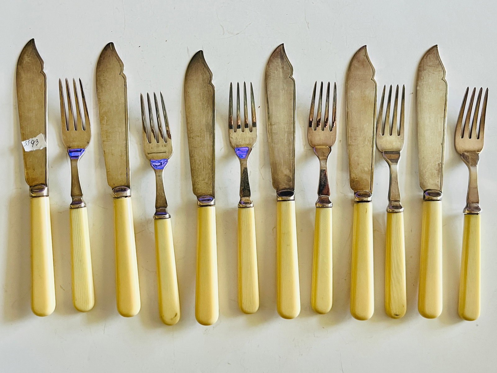 Bone Handle Cutery Set, 12pc.: 19th c. 12pc. Silver w/Bone Handle Walker & Hall Fish Cutery Set