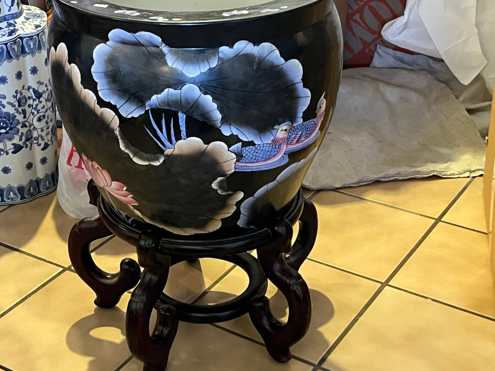 Fish Bowl on Teakwood Stand: Asian Fish Bowl on Teakwood Stand