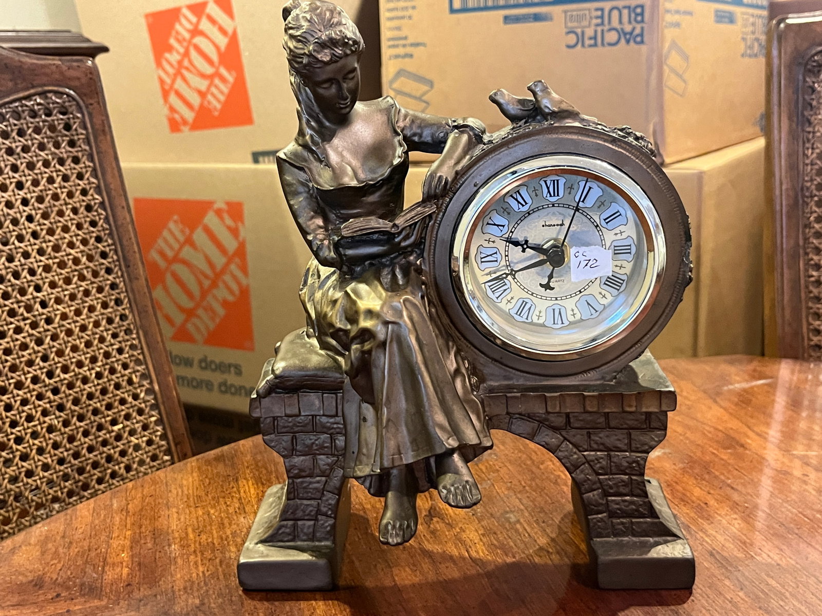 Gld. Figural Mantle Clock: Gold Figural Mantle Clock 'Lady Sitting on Bench, Reading'
