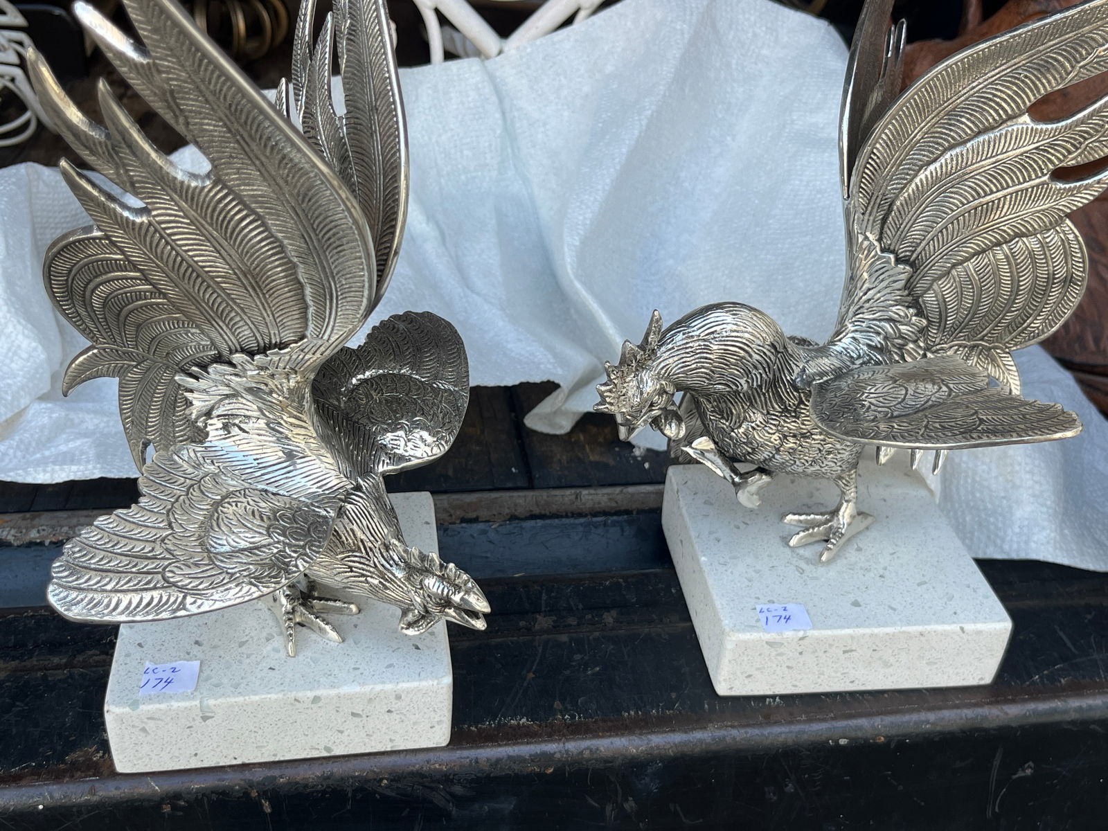 2-Silver Molded Fighting Cocks: (2) Vintage Silver Molded Fighting Cocks on Travertine Base, 10"h