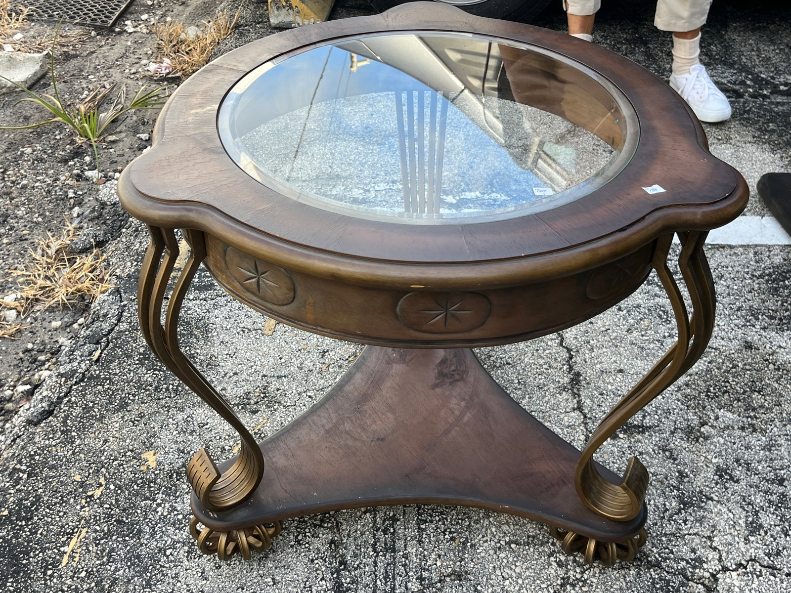 Glass Top Iron Base Table: Inserted Glass Top, Iron Base Table, 23h x 25w