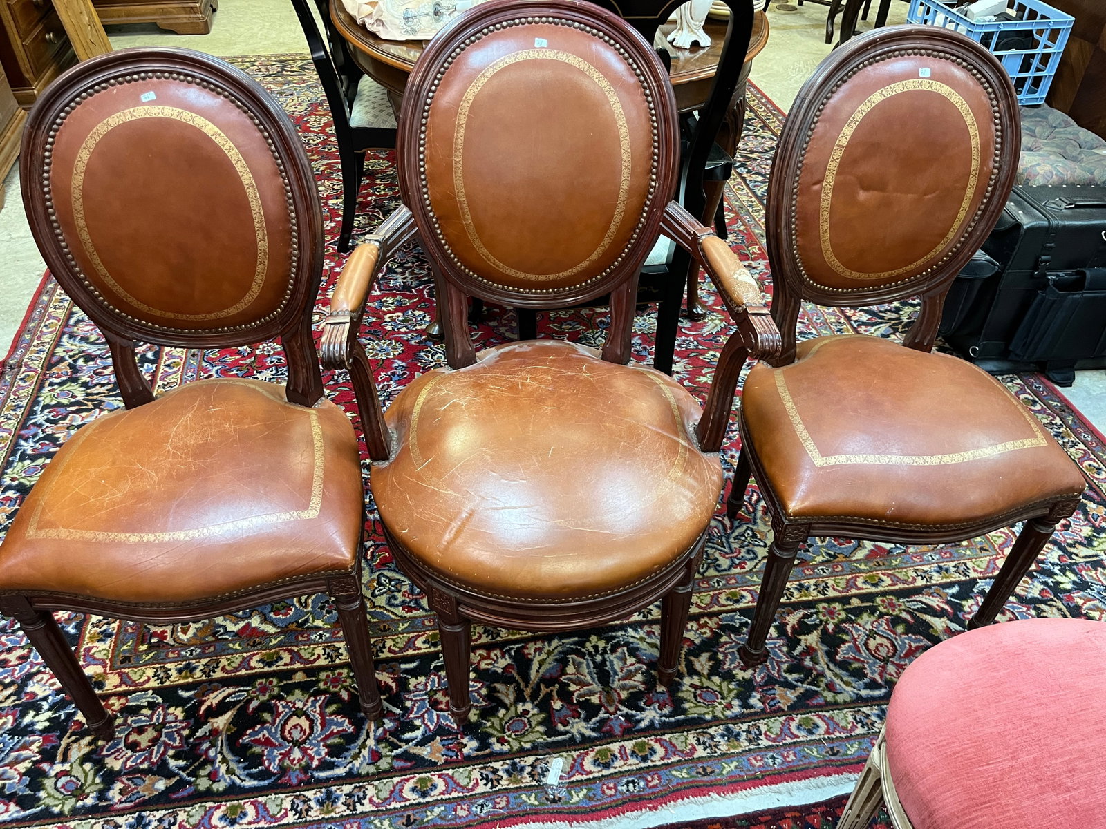 3-Leather Seat/Back Chairs: 3-Vintage Leather Seat/Back Chairs. 1-Swivel Arm Chair (sm.tear in arm) & 2-Armless Chairs