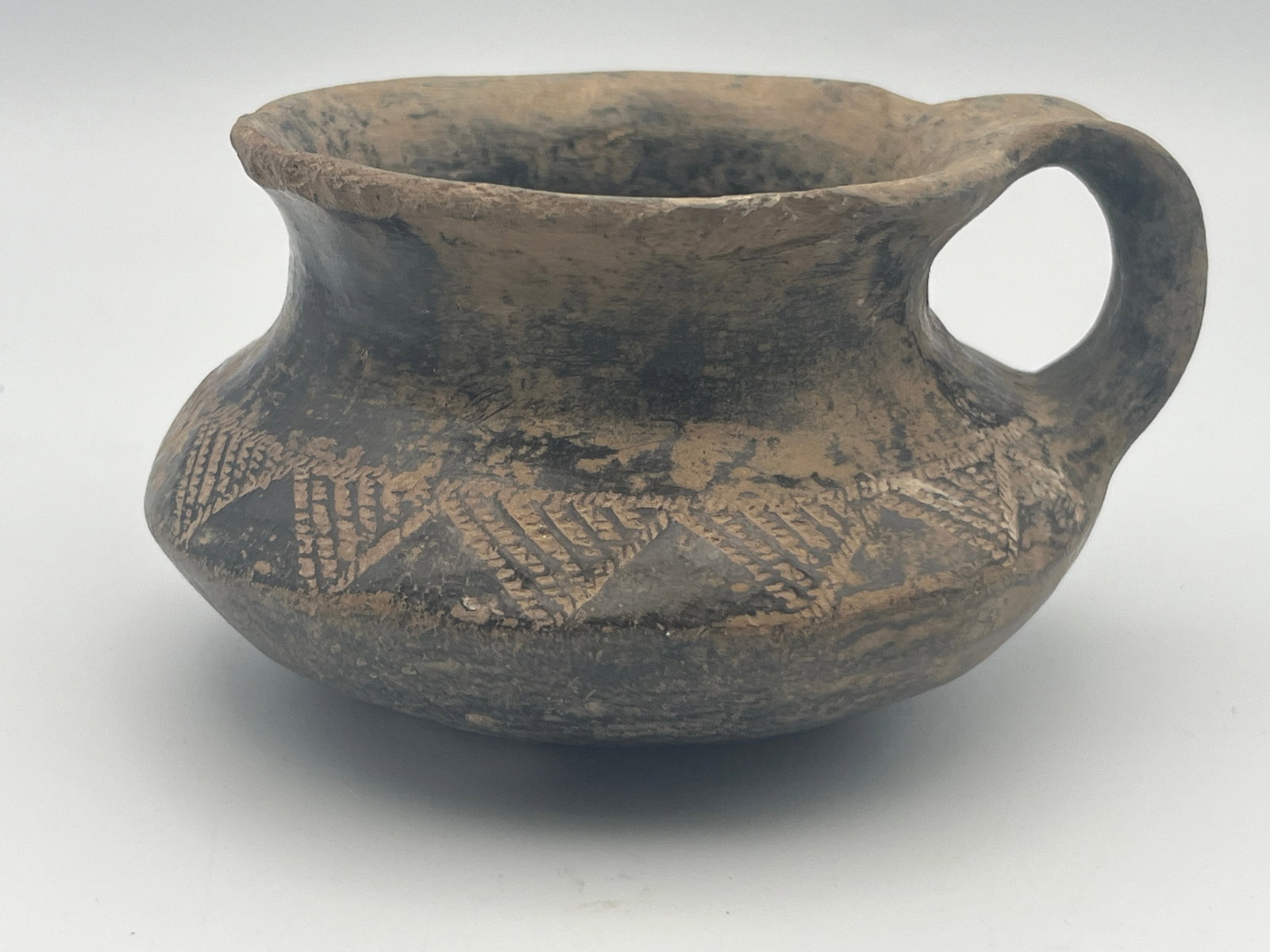 Etruscan Bucchero Cup: Etruscan Bucchero Cup, 2.75"(6.985cm) The production of bucchero is typically divided into three artistic phases. These are distinguishable on the basis of the quality and thickness of the fabric. The