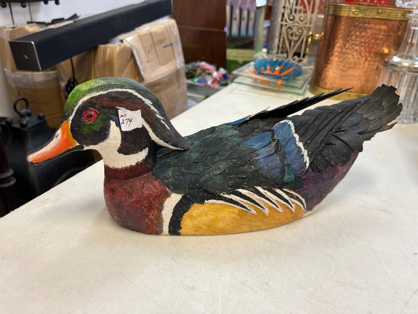 Carved 'Wood Duck' by Roy Cable: Hand Carved & Painted 'Wood Duck' by Roy Cable 1987, 5h x 14w x 4.5d