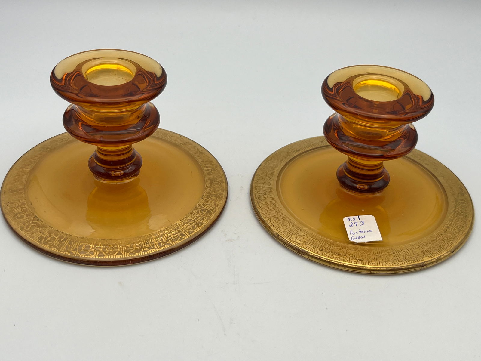Pair Vintage Fostoria Amber Glass Candle Stick Holders (1 of 2)
