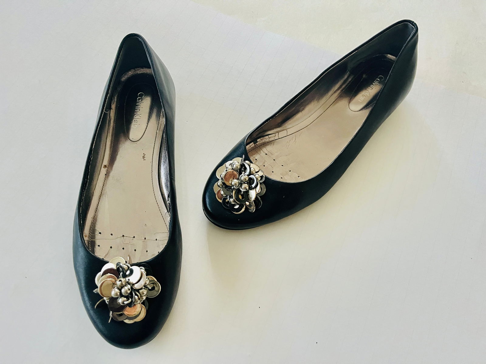 Calvin Klein Blk.Shoes,Metal Beads: Calvin Black Leather Shoes with Gun Metal Beaded Toe size 7-7.5