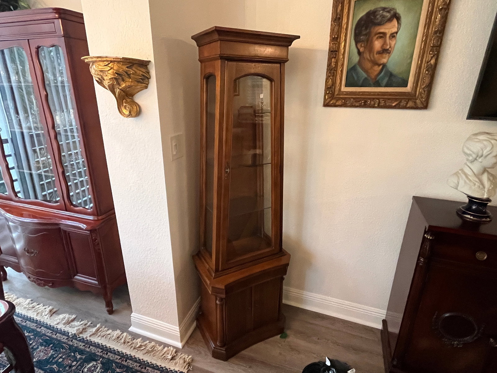 Lighted Curio Cabinet: Vintage Lighted Curio Cabinet, 68h x 21w x 14d