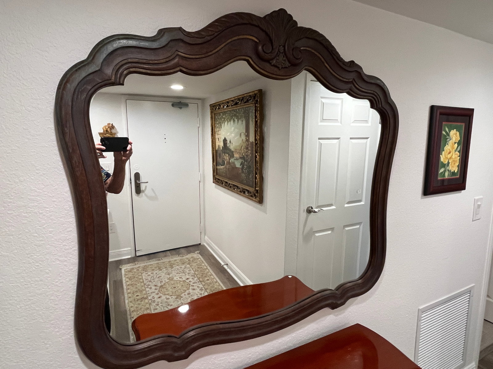 Lg. Brown Frame Wall Mirror: Lg. Brown Frame Wall Mirror, 42.5"h x 6'w