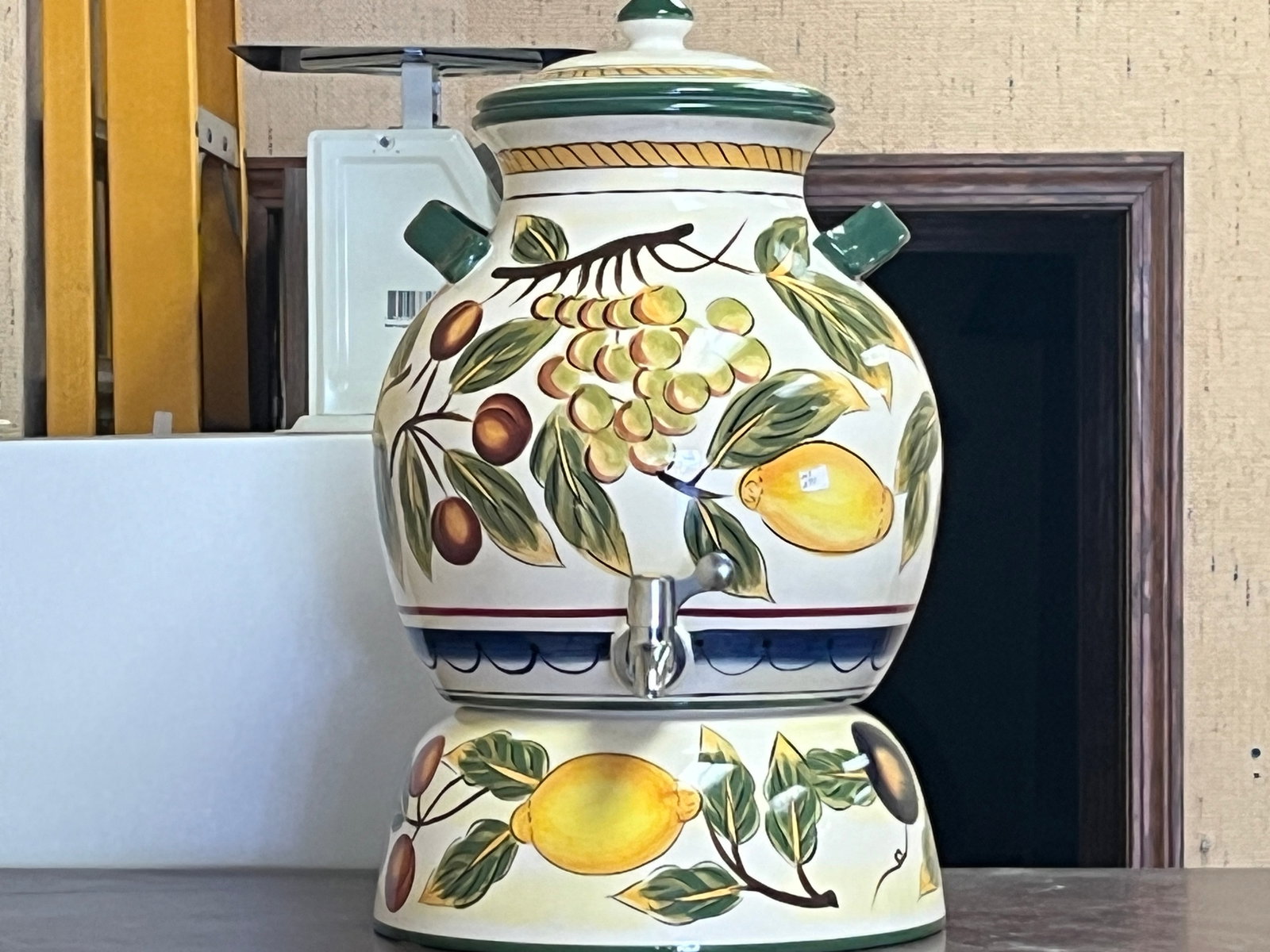 Italian Fruit/Beverage Urn: 3pc. Table Top Unlimited Italian Fruit /Beverage Urn, 21h x 13w, Bottom is an upside Bowl