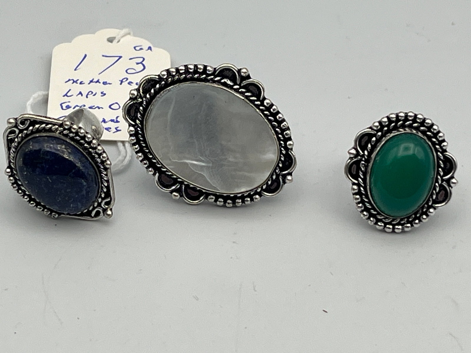 Bag Costume Jewelry: Mother of Pearl, Lapis, Green Onyx Rings size 7