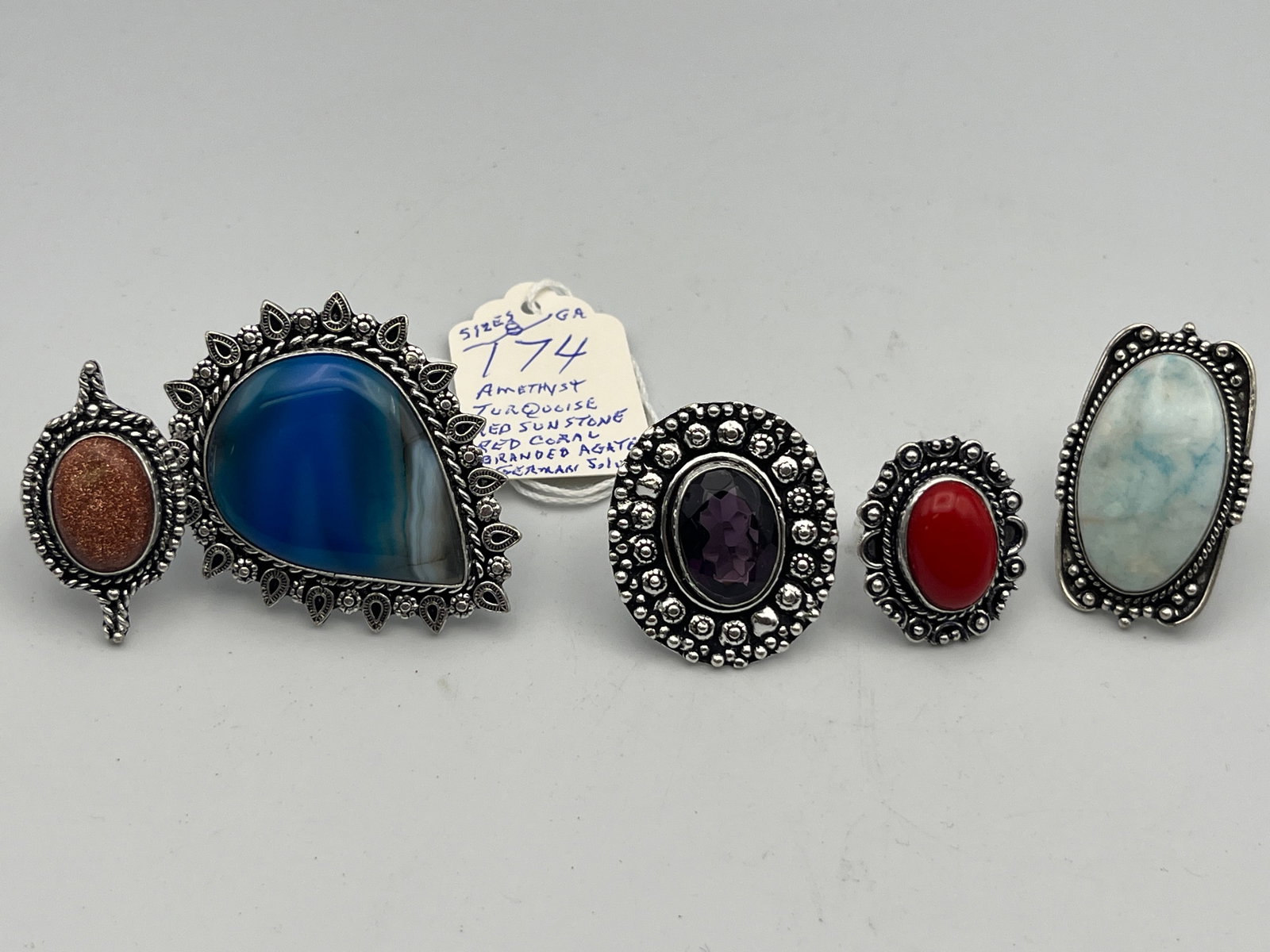 Bag Costume Jewelry: Amethyst, Turquoise, Red Sun Stone, Red Coral. Branded Agate Rings, size 8