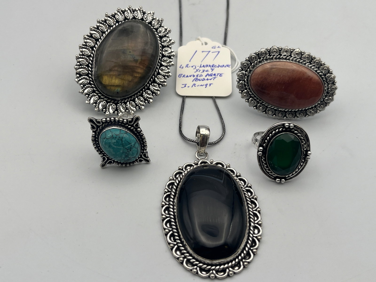 Bag Costume Jewelry: Labradorite Ring size 9, Branded Agate Pendant on Necklace plus 3-Rings