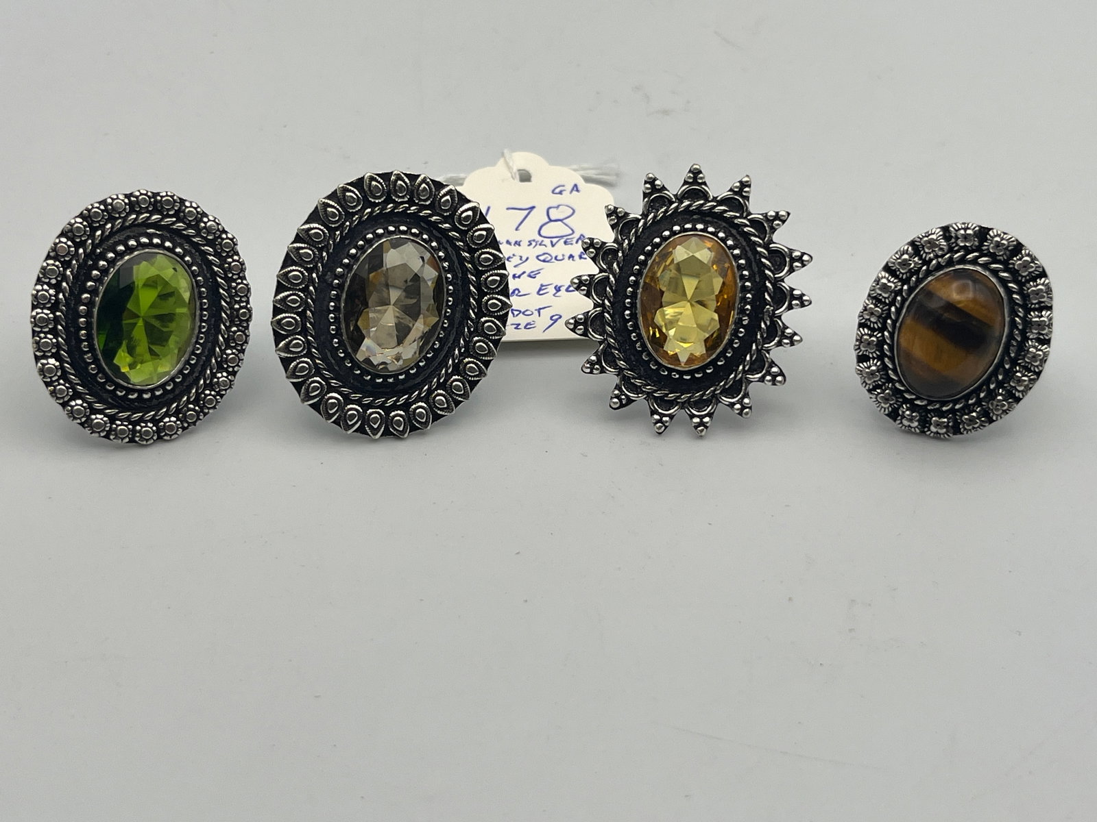 Bag Costume Jewelry: Smokey Quartz, Citrine, Tiger Eye, Peridot Rings size 9