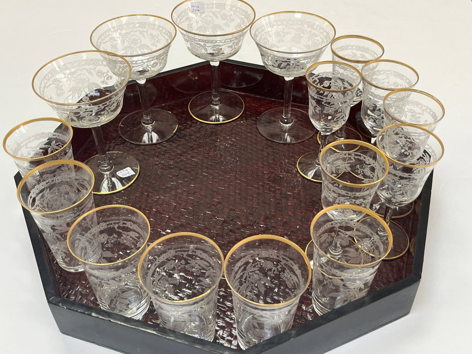 VTG. 16-Etched Cordials plus Tray: VTG, Vintage Gold Rim Encrusted and Etched Cordials, 16pcs plus Tray