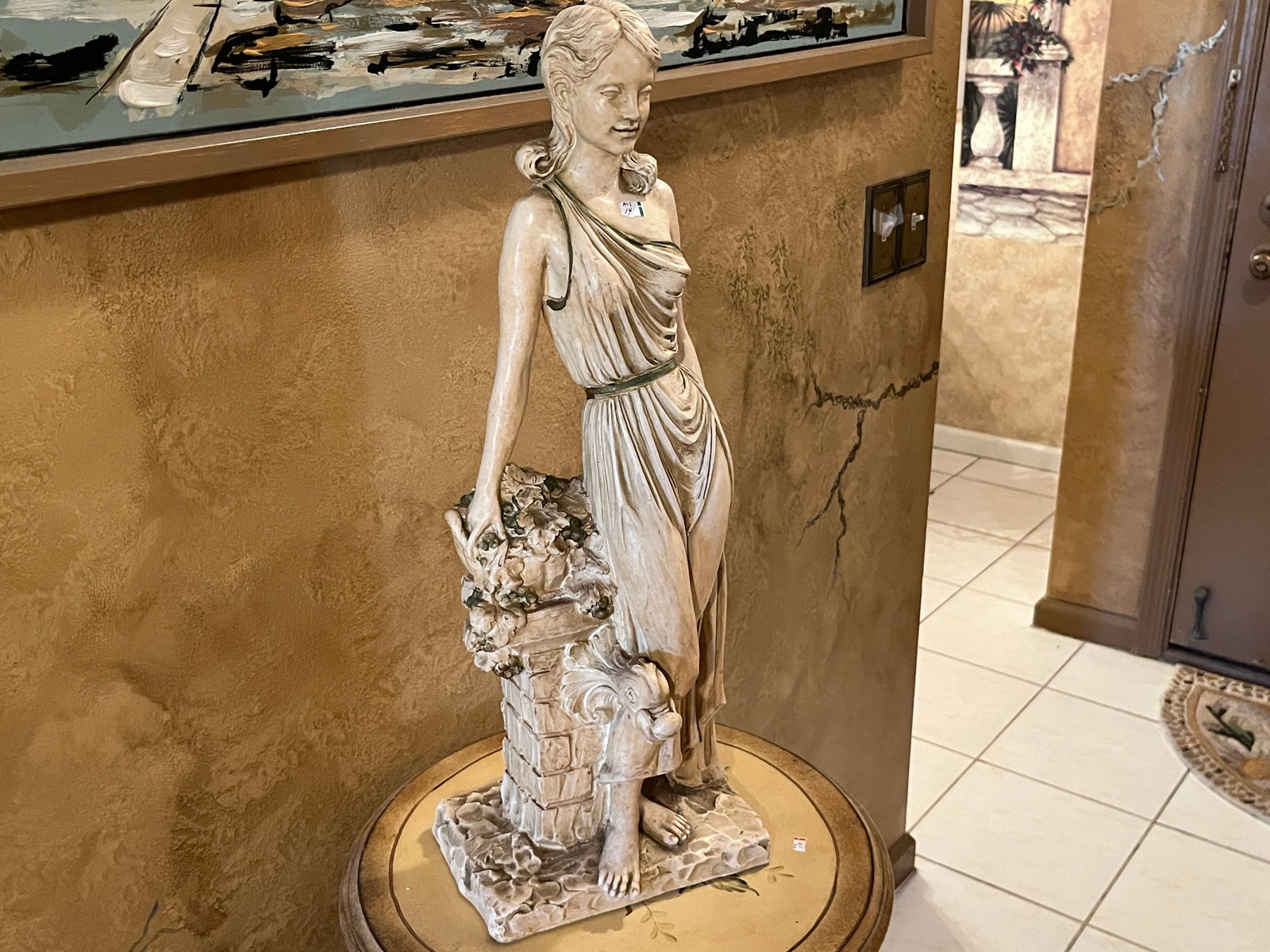 Sculpture, Lady Standing w/Basket Flowers: Sculpture of Lady Standing with Basket of Flowers, 25hx9wx6.5d