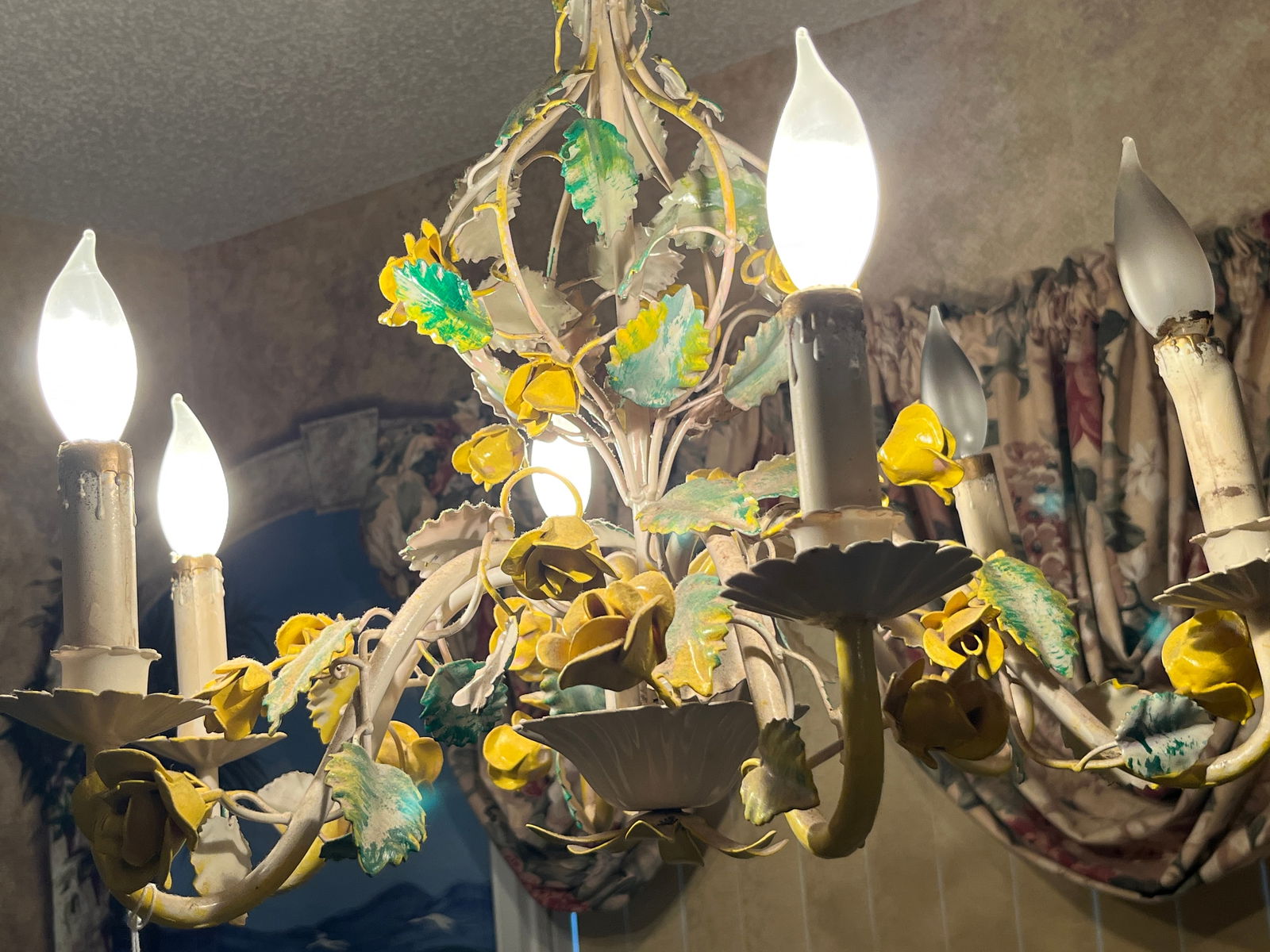 Painted Metal Hanging Light: VTG Italian Painted Metal Hanging Light in Floral Design, c.1960's