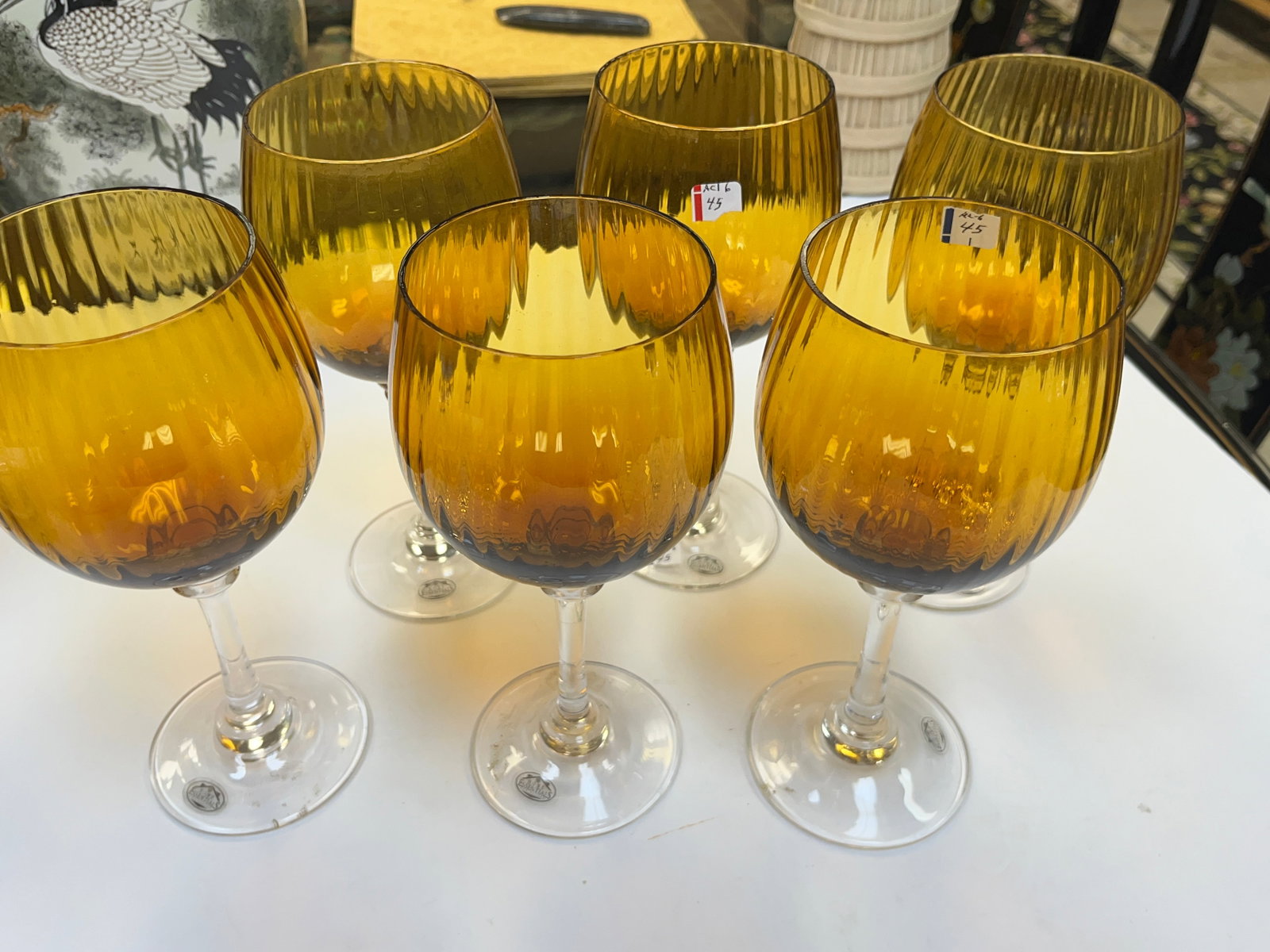 VTG 6-Amber Wine Glasses: (6) VTG Amber Wine Glasses, 9"h x 4"w