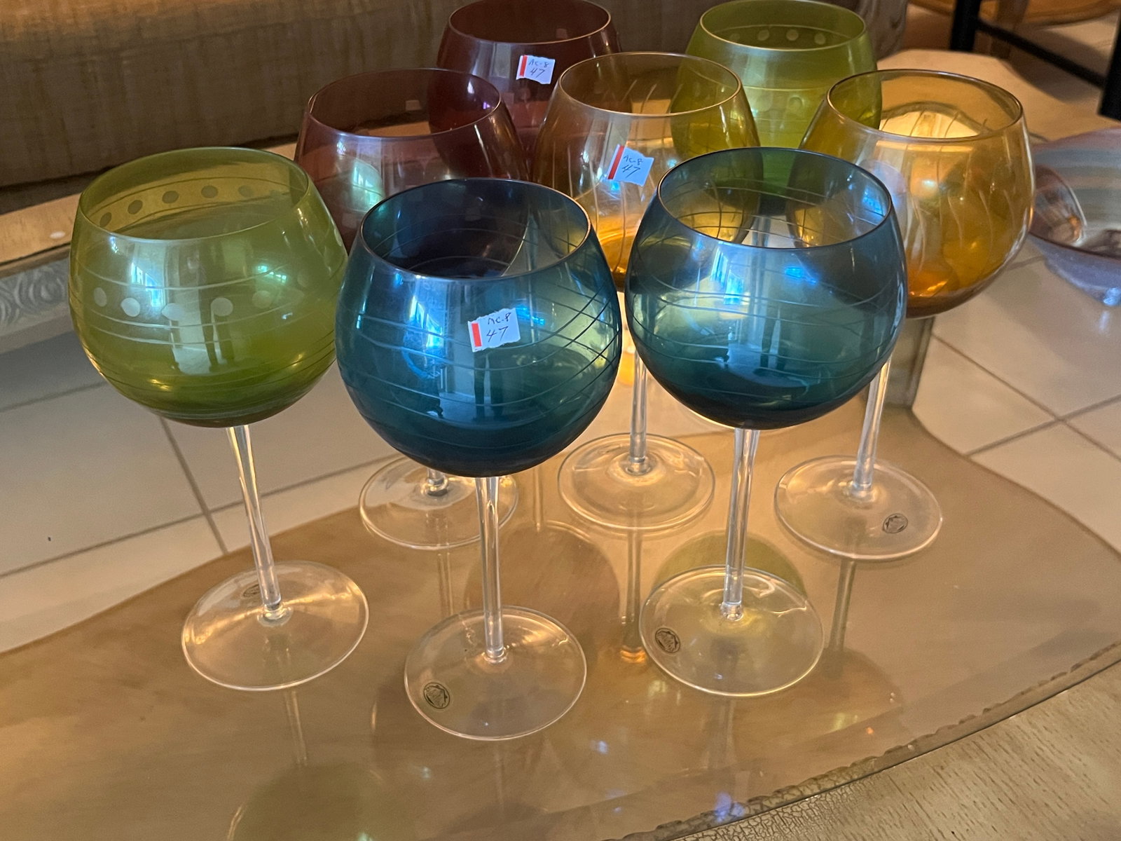 8-Multi Color Wine Glasses: (8) VTG Multi-Color Wine Glasses, 9x4.25