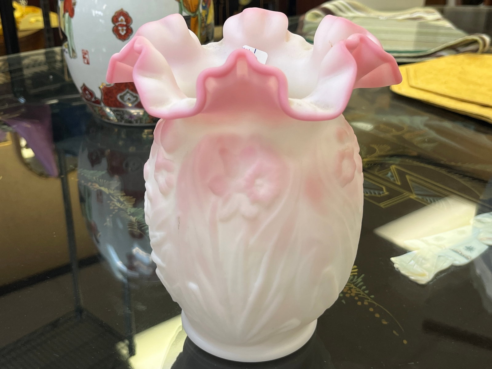 Fenton Rosalene Satin Daffodils Vase: Fenton 7.5" Rosalene Satin Daffodils Vase