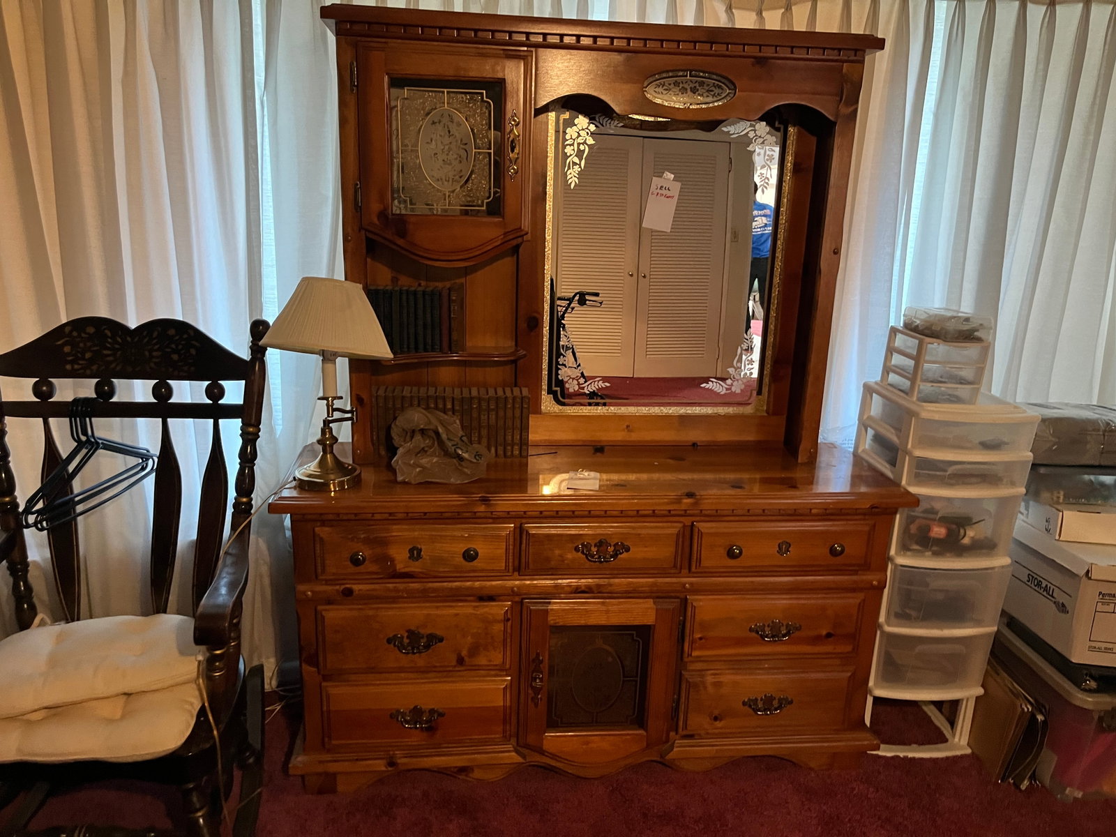 VTG Knotty Pine Dresser w/Mirror: VTG Knotty Pine 2pc. Lighted Dresser w/attached Mirror, 73h x 60w x 18d