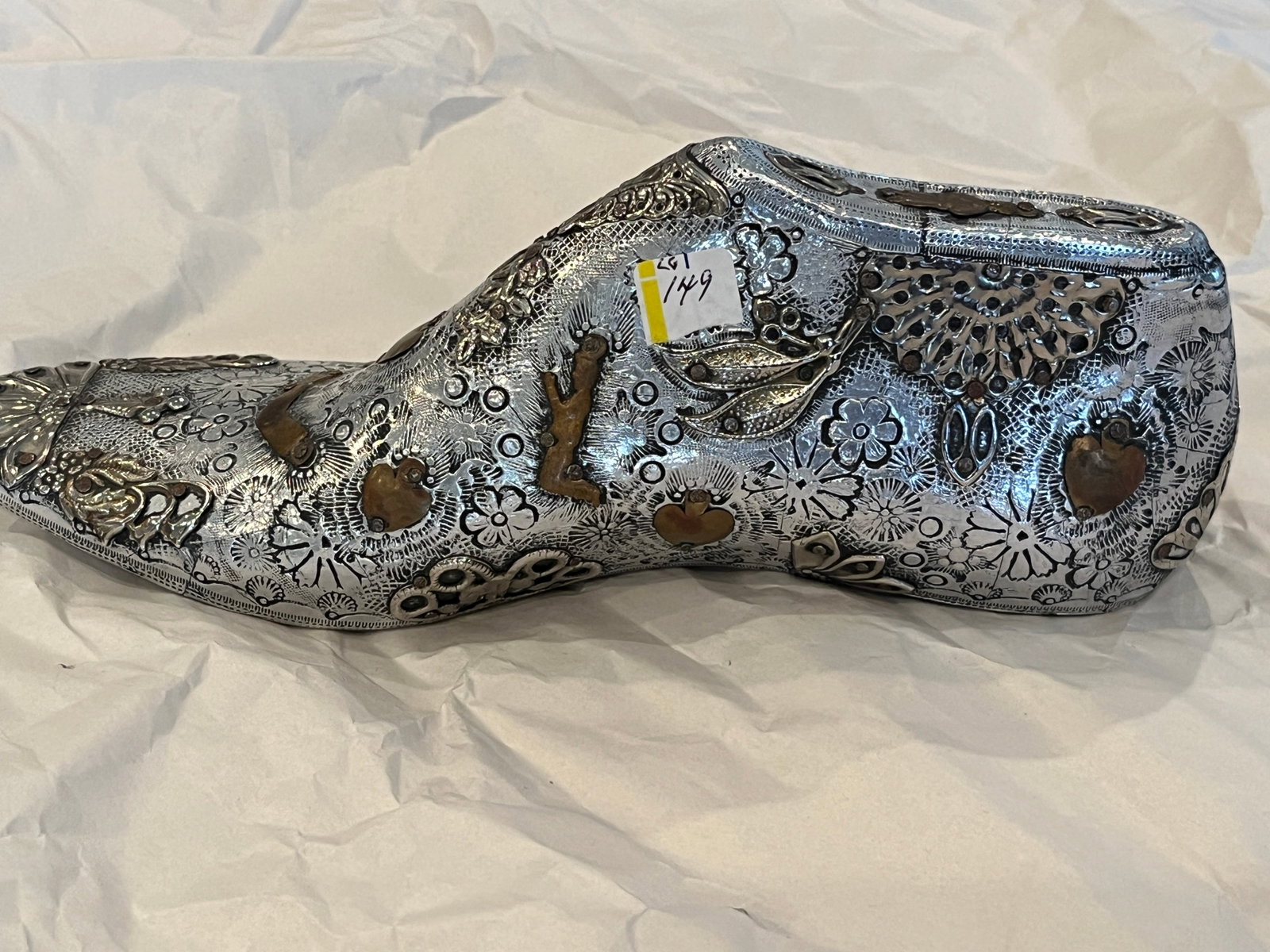 VTG Silver Shoe w/attached Brass: VTG Saudi Arabia Silver Shoe with attached Brass, 3.5h x 9.5w x 3d