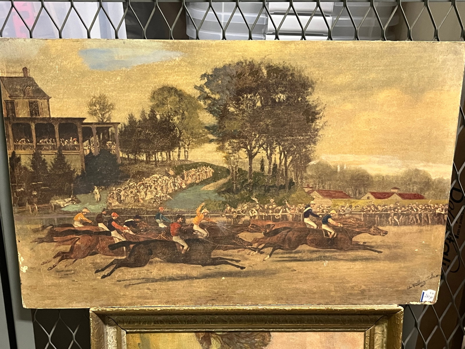 Oil/Panel 'Horse Race' by Edward Sanguinetti: Oil/Panel 'Horse Race' no frame, 14x22 signed LR Edward Sanguinetti